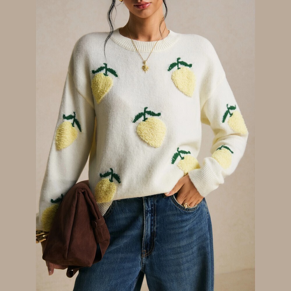 Cream Fuzzy Lemon Intarsia Crew Neck Knit Sweater